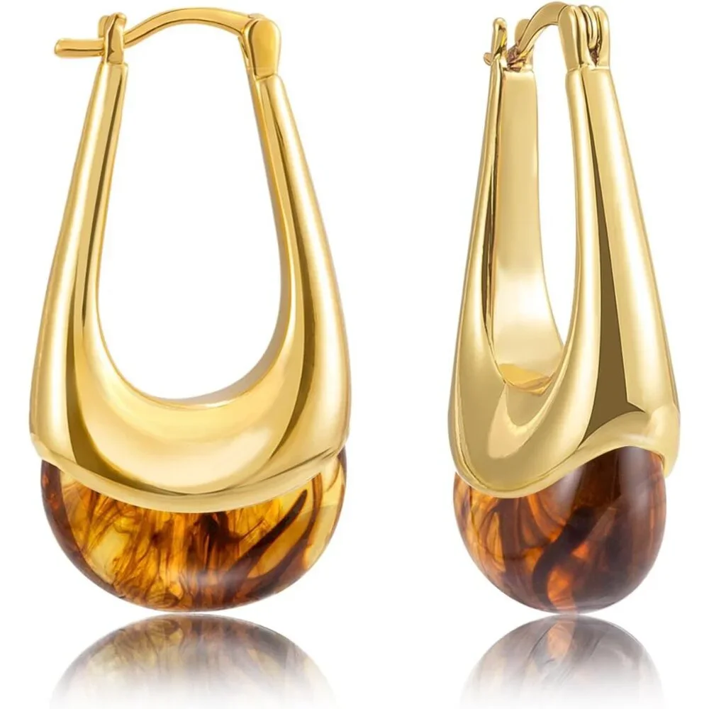 Gold Chunky Dangle Earrings For Women Resin Stone Earrings Hoop Earrings, 18k Pl